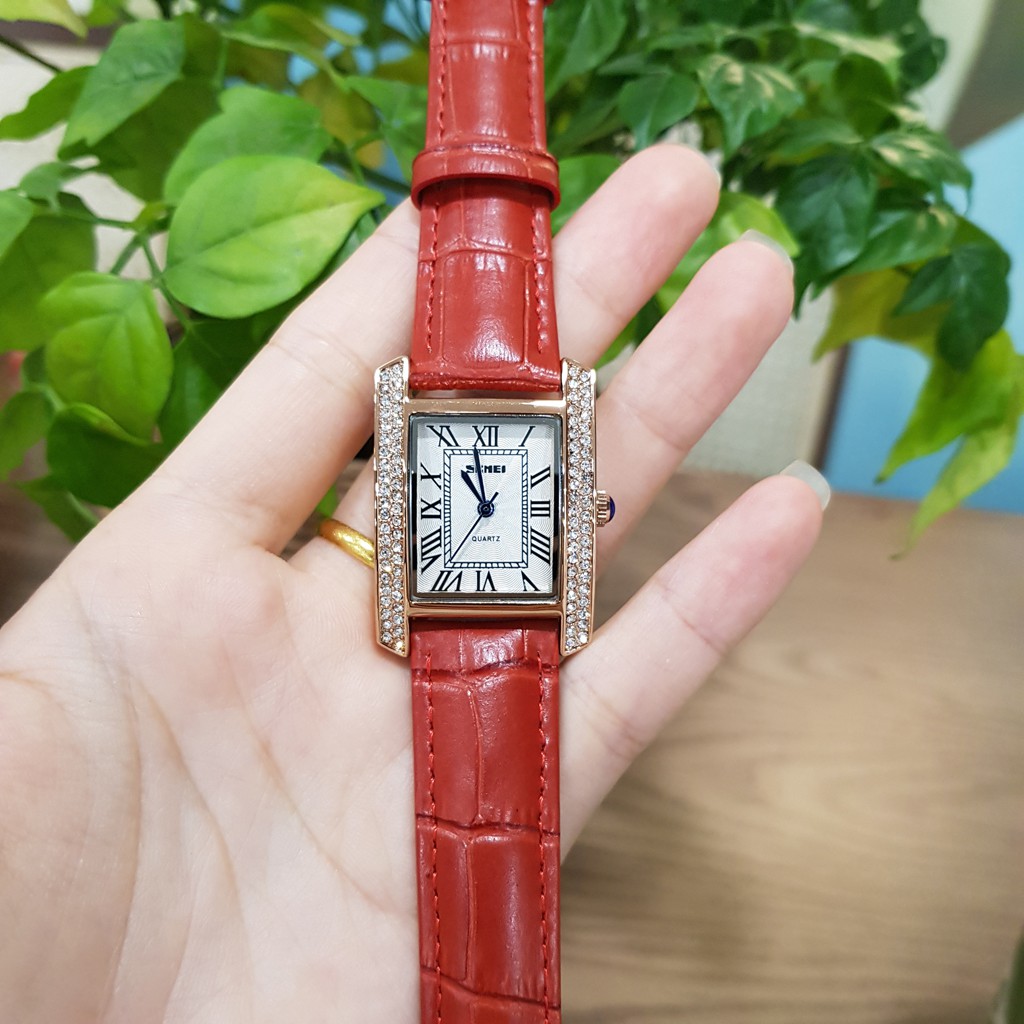 Đồng hồ nữ SKMEI dây da đỏ mặt vuông đính đá chính hãng Tony Watch 68