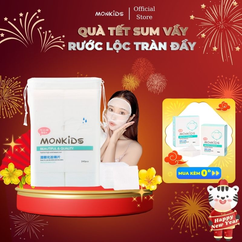 Bông cotton lotion mask đắp toner MONKIDS gồm 240 miếng bông tẩy trang mỏng co giãn tốt