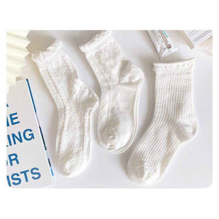 Tất trắng Mivino vớ cổ cao nữ cotton co giãn phối ren bèo dễ thương TN136