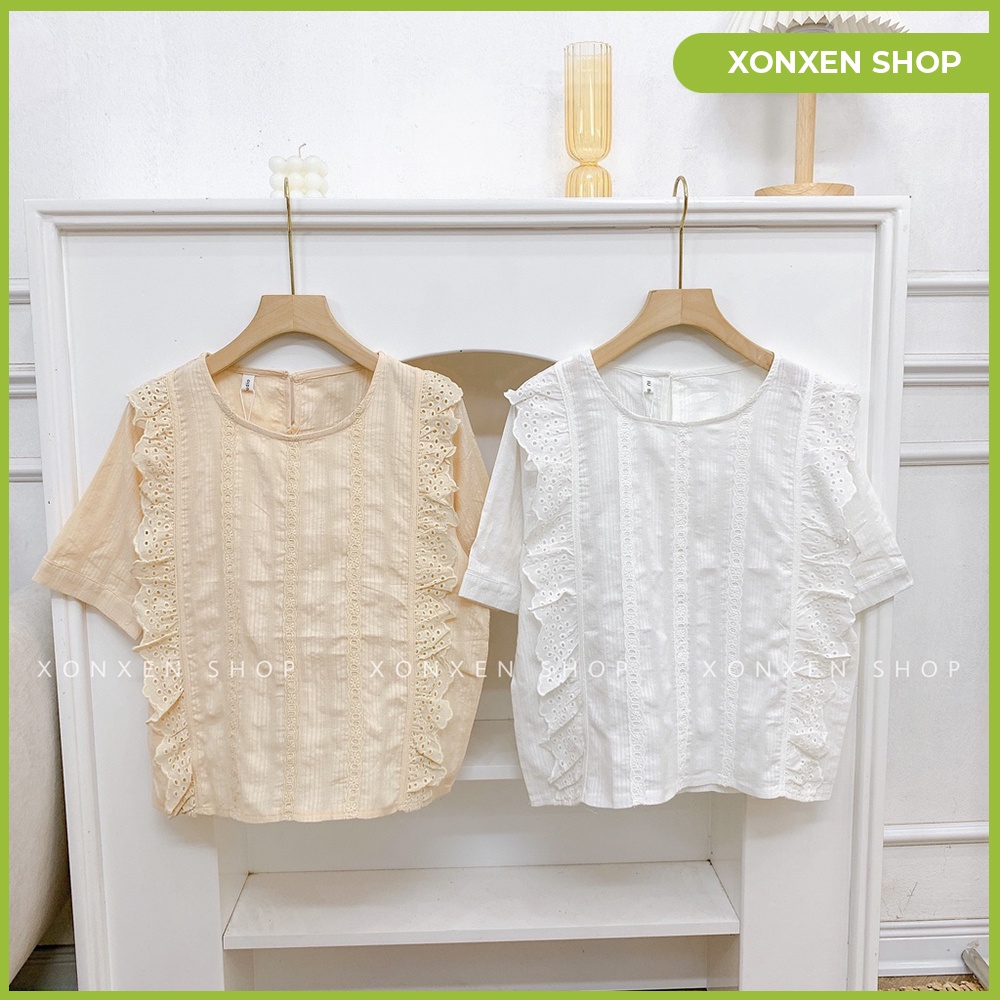 Áo kiểu tiểu thư phối đường ren chất vài thoáng mát dể thương XONXEN SHOP QUẢNG NGÃI freesize mã 3365