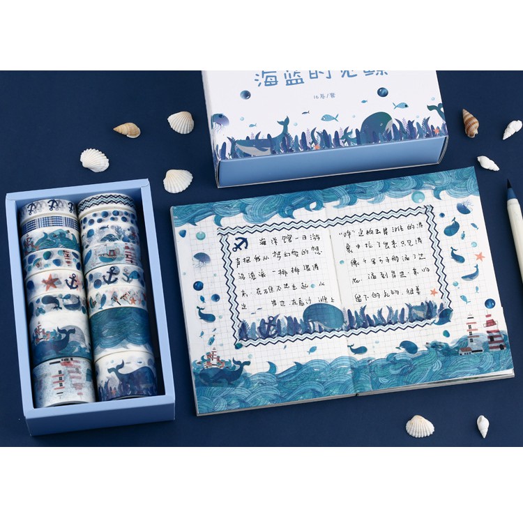 HỘP 16 WASHI TAPE + 8 TẤM STICKER TRANG TRÍ SCRAPBOOK, PLANNER