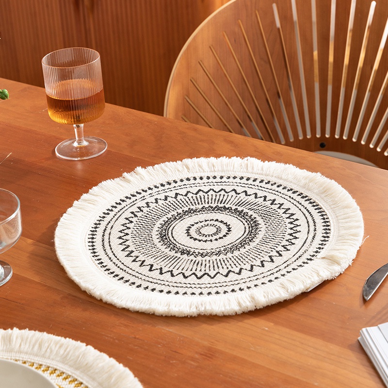 Lót đĩa dệt Cotton thô phong cách Mandala Đen Vàng Thảm Vintage