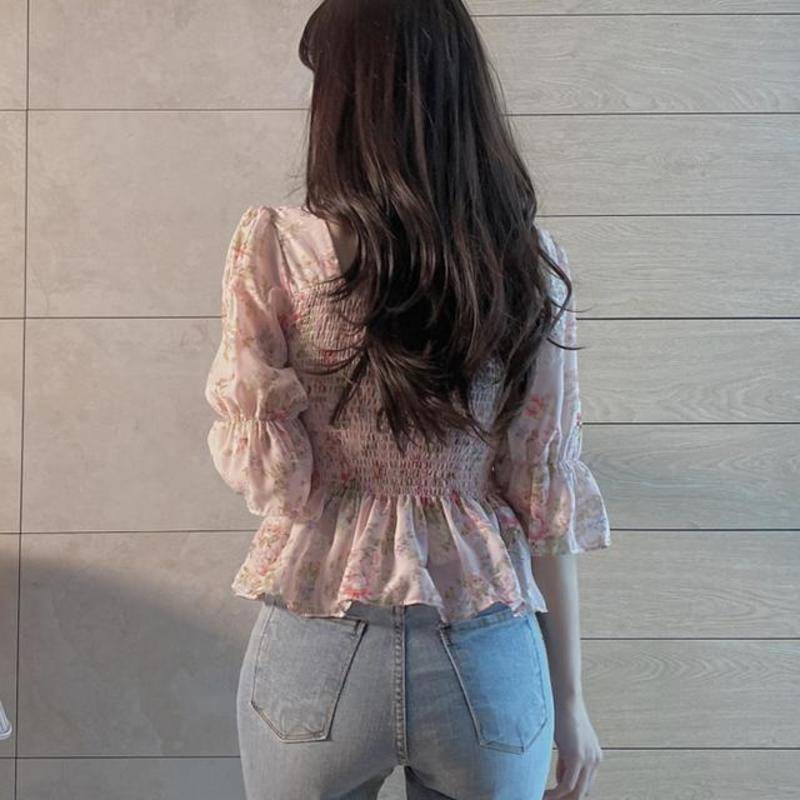 Áo Sơ Mi Chiffon Tay Loe Ôm Eo In Họa Tiết Hoa Phong Cách Mới Cho Nữ