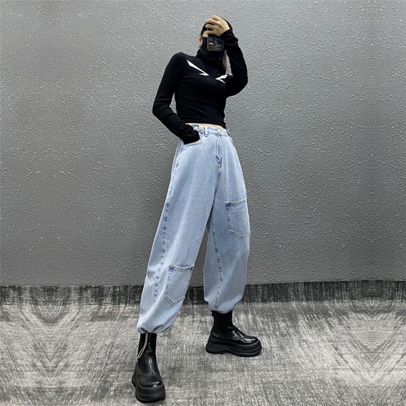 Quần jeans có túi cạp cao phong cách hip hop mới cho nữ