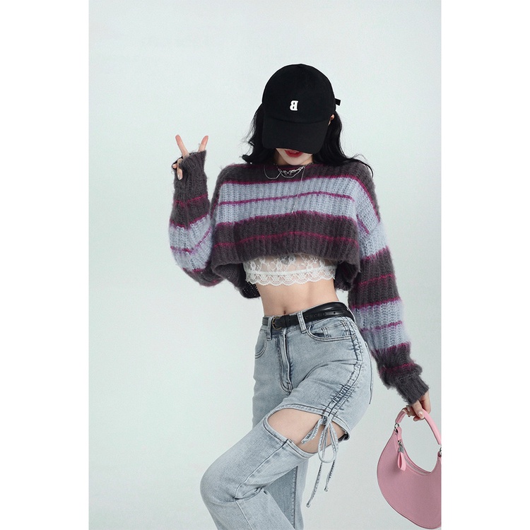 Áo Croptop Dệt Kim Dáng Rộng Tay Dài Họa Tiết Kẻ Sọc Màu Sắc Tương Phản Phong Cách Hàn 9504