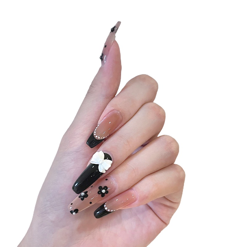 Móng Tay Giả Chấm Bi Đen/Hoa Màu Đen