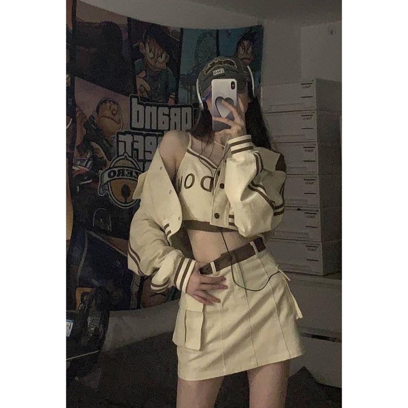 Bộ Đồng Phục Ba Món Áo Khoác Bóng Chày + Áo Sát Nách + Chân Váy Lưng Cao Thời Trang Mùa Thu Cho Nữ