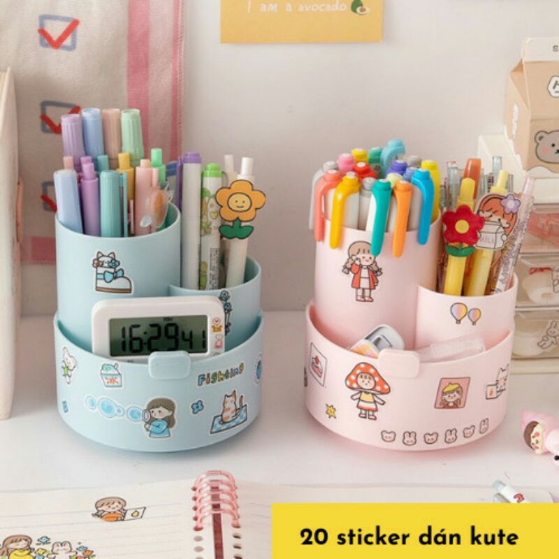 Kệ để bút 3 ngăn xoay được tiện lợi tặng kèm 20 sticker