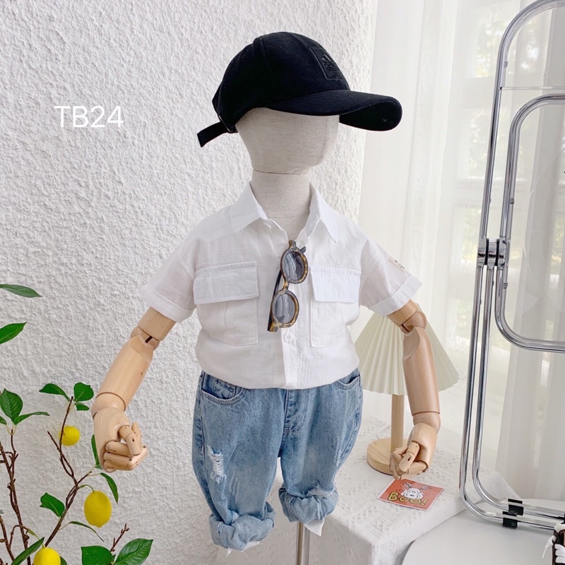 Áo sơ mi Beemo cộc tay cổ đức phối 2 túi trước 2 màu cho bé trai từ 1 đến 6 tuổi | BigBuy360 - bigbuy360.vn