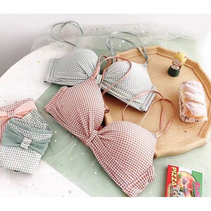 MẪU MỚI- Áo lót thông hơi nhún nơ kẻ caro xinh xắn