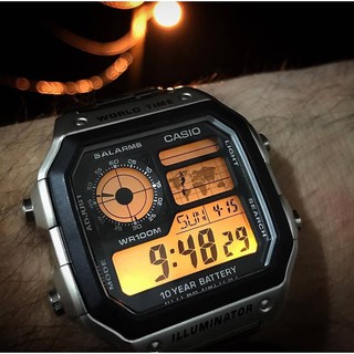 Đồng hồ nam Casio AE 1200-WHD classic chống nước , dây thép không gỉ (dây bạc mặt đen)