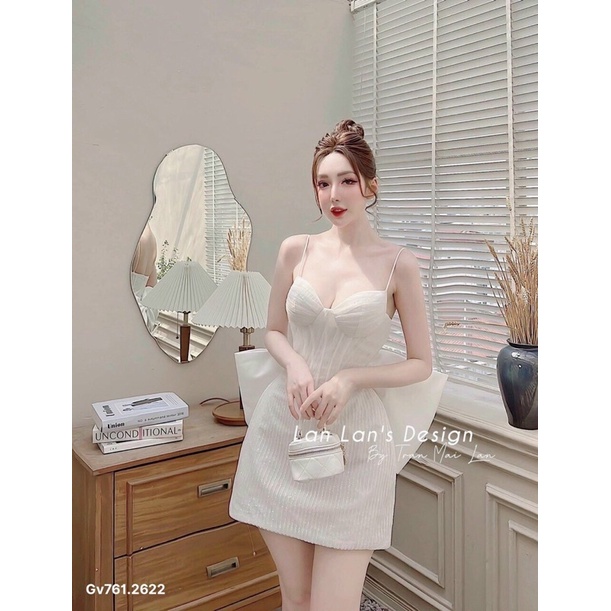 GV761- đầm trắng nơ lưng dự tiệc, chất ren lưới kim tuyến có mút