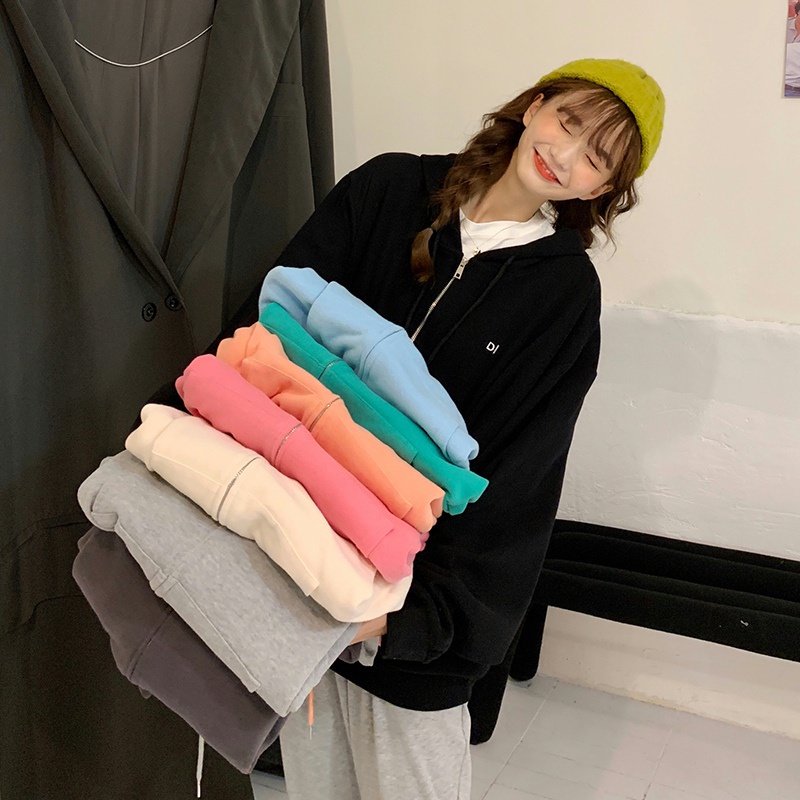 SUXI Áo sweater dáng rộng tay dài có mũ và khóa kéo phong cách mùa thu Hàn Quốc cá tính sành điệu cho nữ