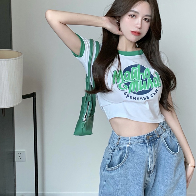 Áo Thun Ngắn Tay Dáng Rộng In Chữ Màu Sắc Tương Phản Thời Trang Mùa Hè Cho Nữ