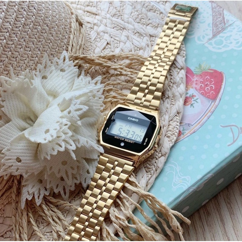 Đongf hồ CASIO A159 Unisex mặt kim cương gold A159WGED-1