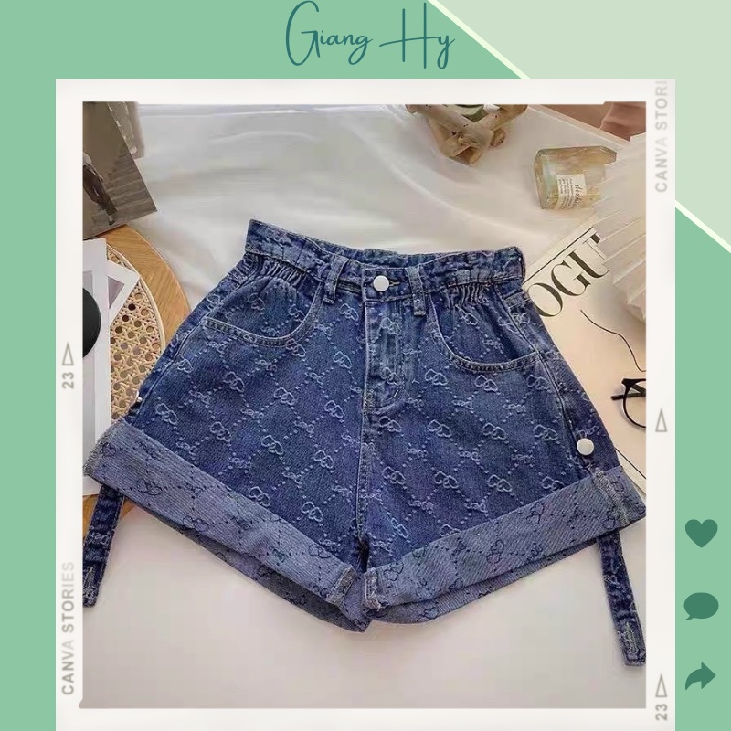 Quần short jean nữ dày dặn cạp cao ống rộng GUC.CI GẤP GẤU