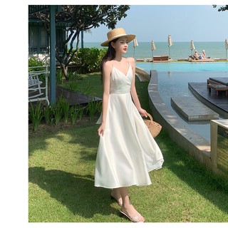 Đầm maxi hở lưng nơ buộc sau lụa quảng châu