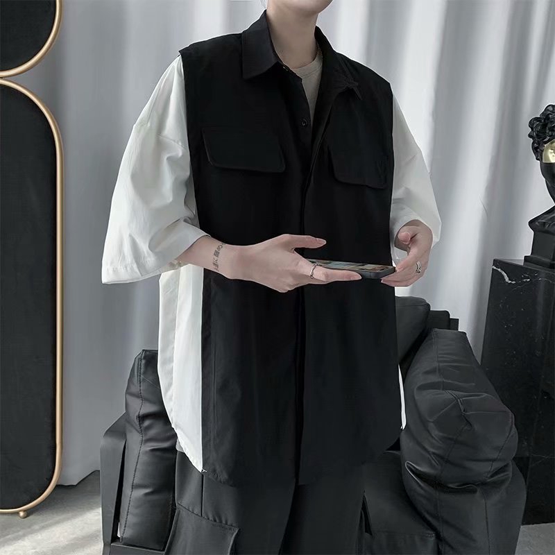 Áo sơ mi nam tay ngắn thiết kế túi ngực phối hai màu đơn giản thời trang | BigBuy360 - bigbuy360.vn