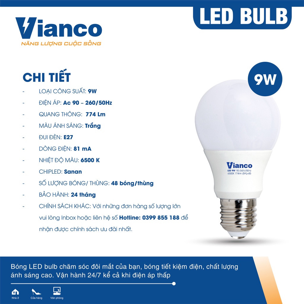 Bóng Led Bulb Tròn VIANCO Được Thiết Kế Nhỏ Gọn, Dễ Dùng, Siêu Tiết Kiệm Điện Năng