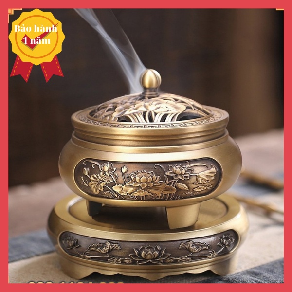 Lư Đốt Trầm Đồng Chạm Khắc Tinh Xảo Nắp Sen,Chim Công