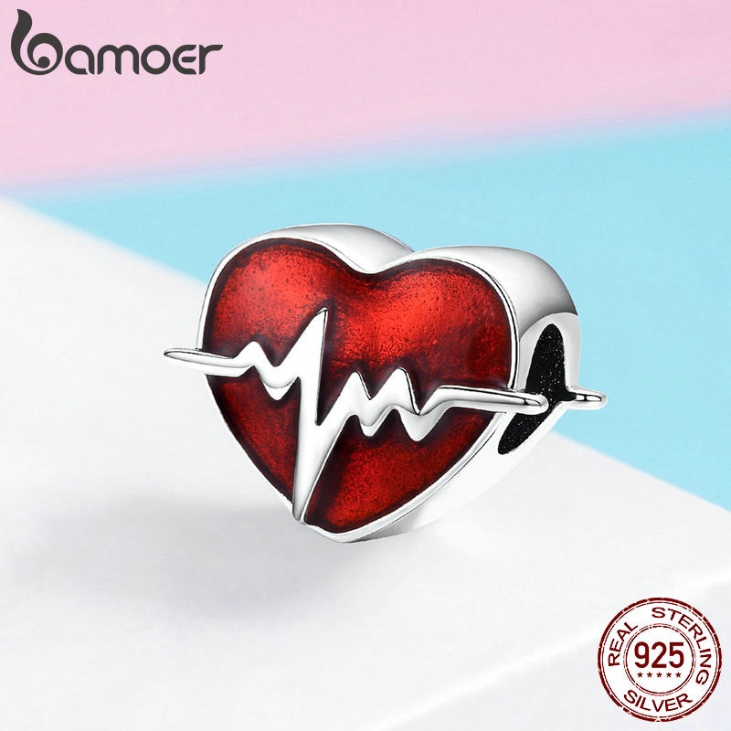 Hạt trang sức Bamoer SCC1151 bạc 925 hình trái tim màu đỏ làm trang sức dễ thương