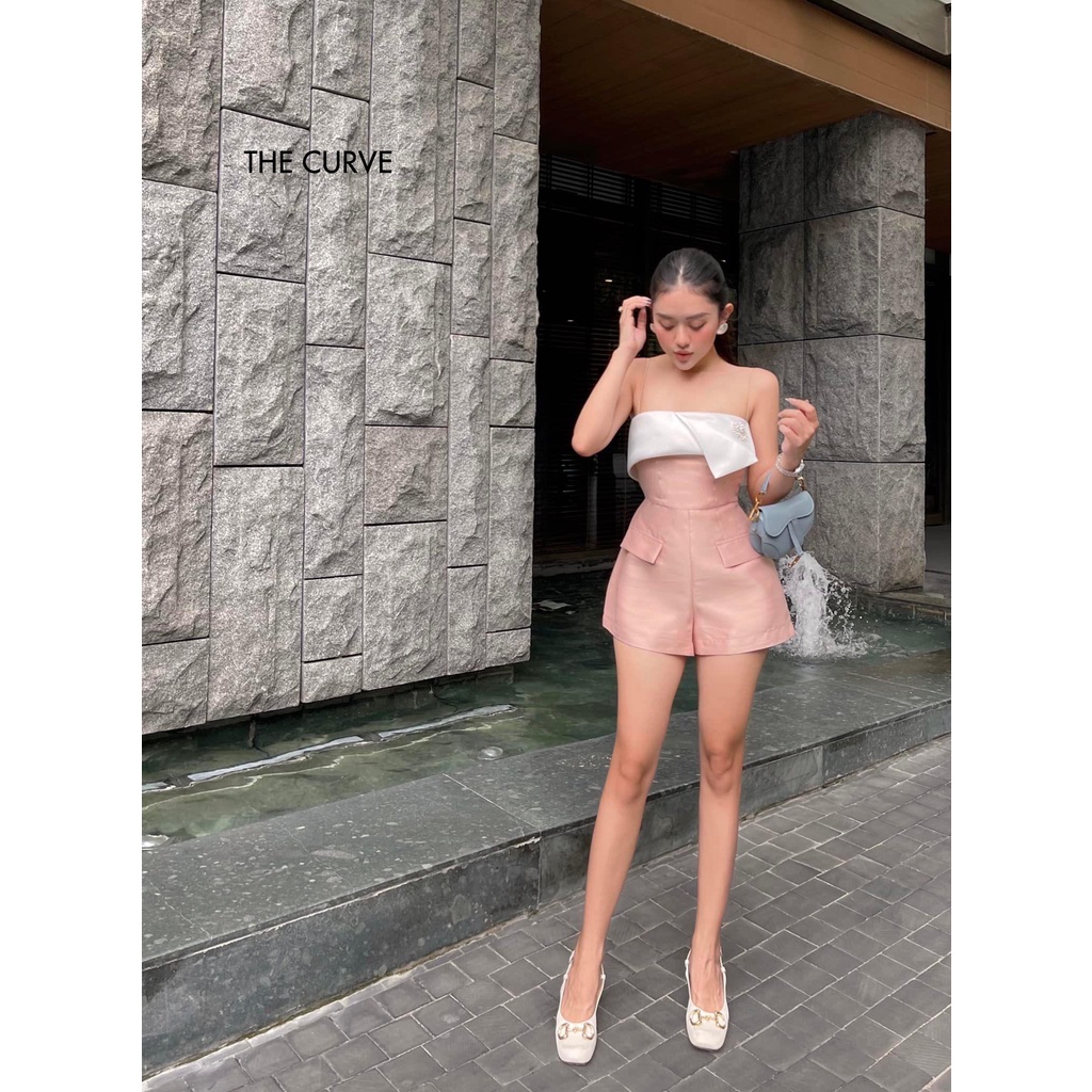 Jumpsuit Nữ 2 Dây Ngắn Ngực Xếp Cách Điệu Kèm Đính Đá (TTA07) - Vải Tafta - 2 Màu Hồng, Đen - ẢNH THẬT