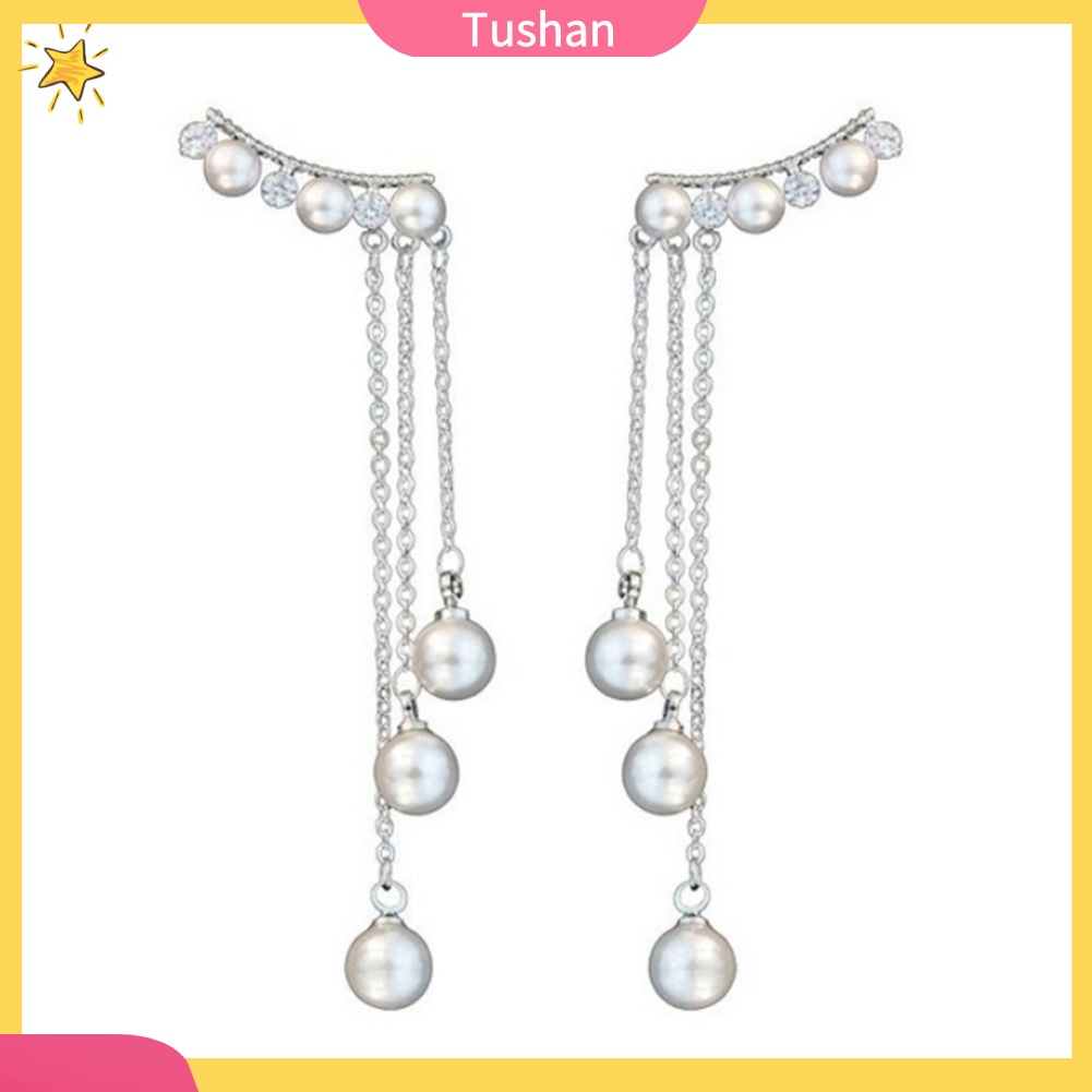 TUSH Women Faux Pearls Inlaid Chain Tassel Dangle Ear Jackets Earrings Jewelry Gift