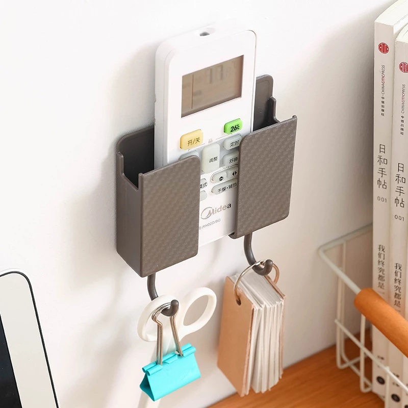 Home Creative Seamless Wall Mounted Storage Box With 2 Hooks / Remote Control Phone Storage Container