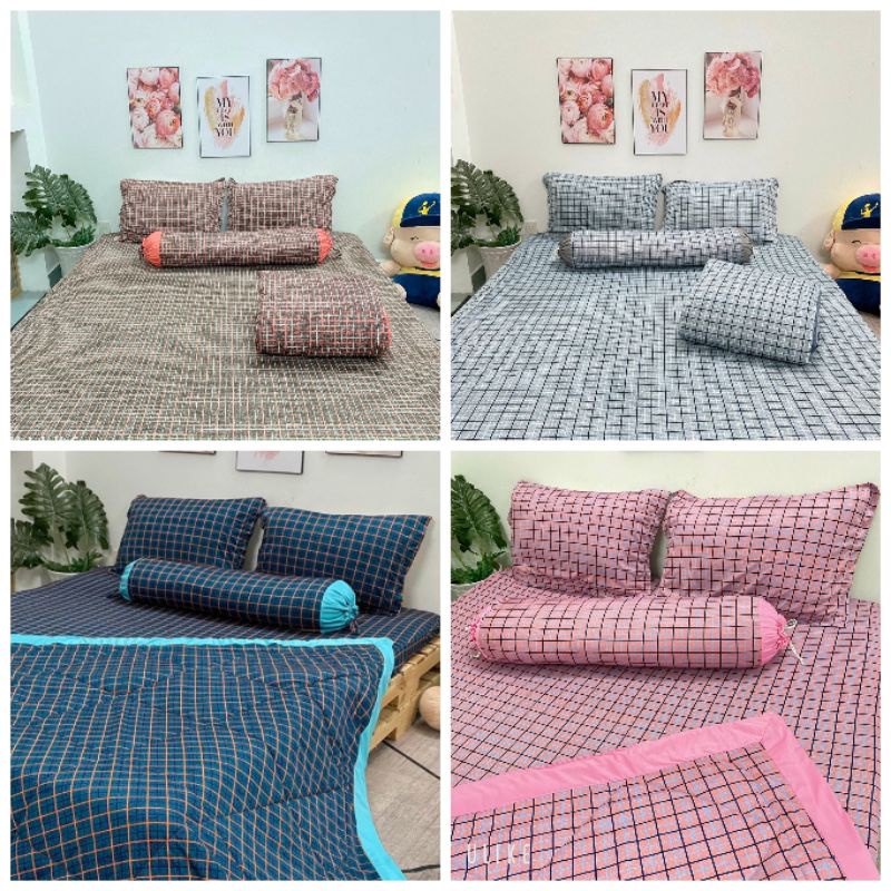 BỘ 4 DRAP GA THUN LẠNH HÀN  CARO MỀM MƯỚT MÁT CÁ TÍNH ĐƠN GIẢN