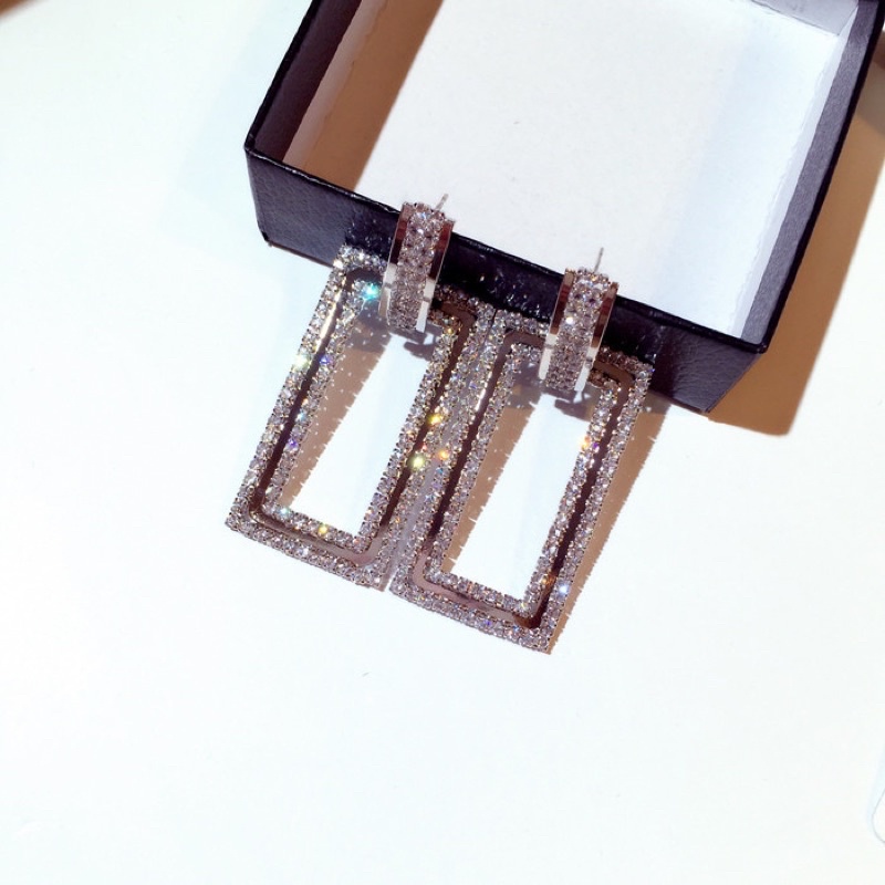 bông tai hình chữ nhật đính đá, khuyên tai sang chảnh phong cách hàn quốc