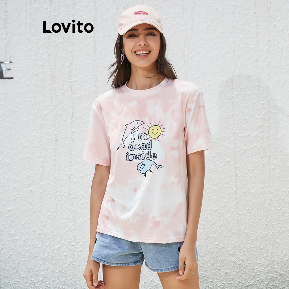 Áo thun Lovito in hoạt hình nhuộm màu oversize dáng rộng L02019 (Pink)