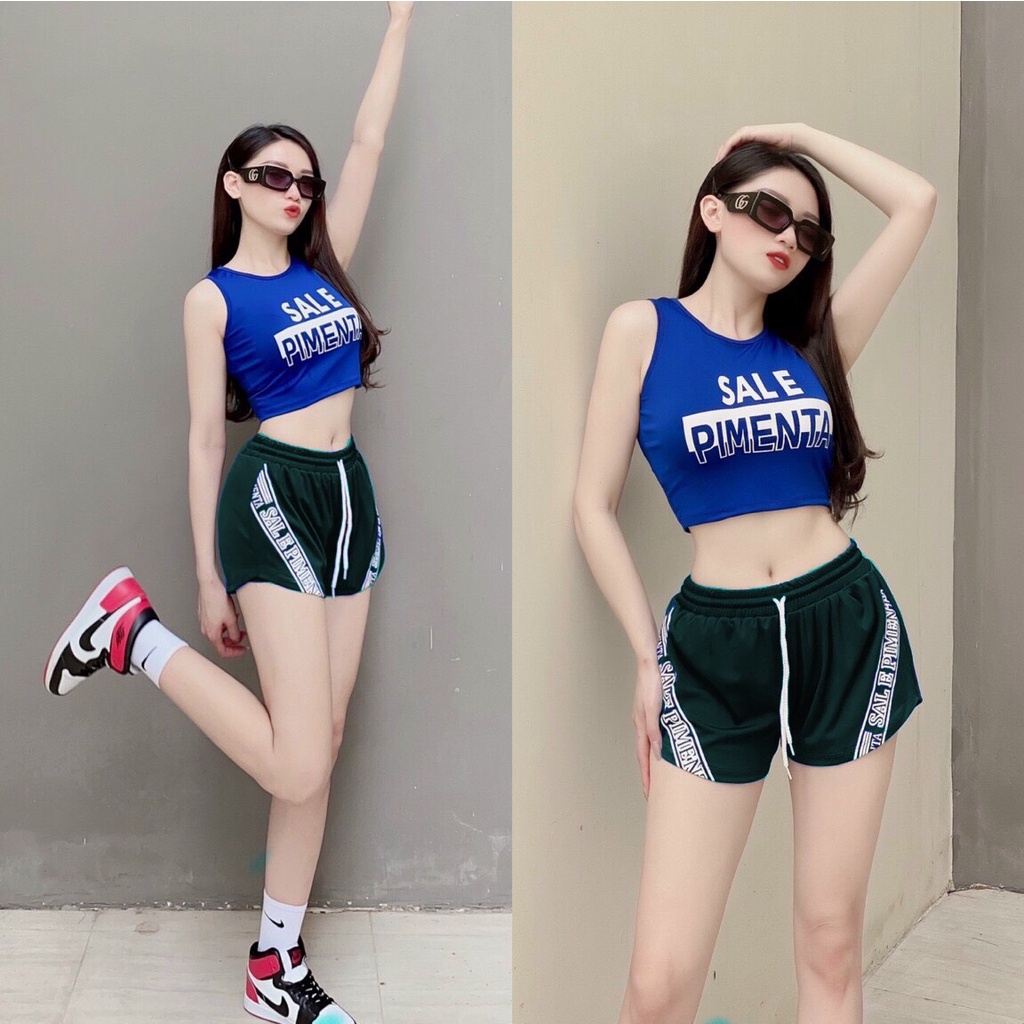 Đồ tập gym yoga thể thao nữ, set bộ áo crop quần đùi 2 lớp phối chữ nhiều màu đủ size Bin Sports BN061