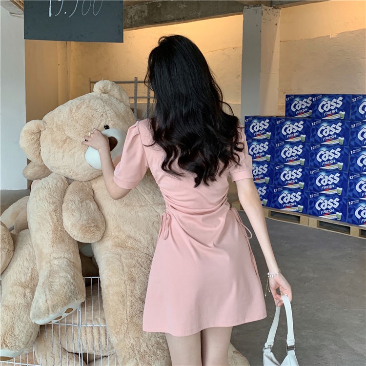Đầm Thun Tay Phồng Cổ POLO Dáng Chữ a Phối Dây Rút Thời Trang Mùa Hè Xinh Xắn Cho Nữ