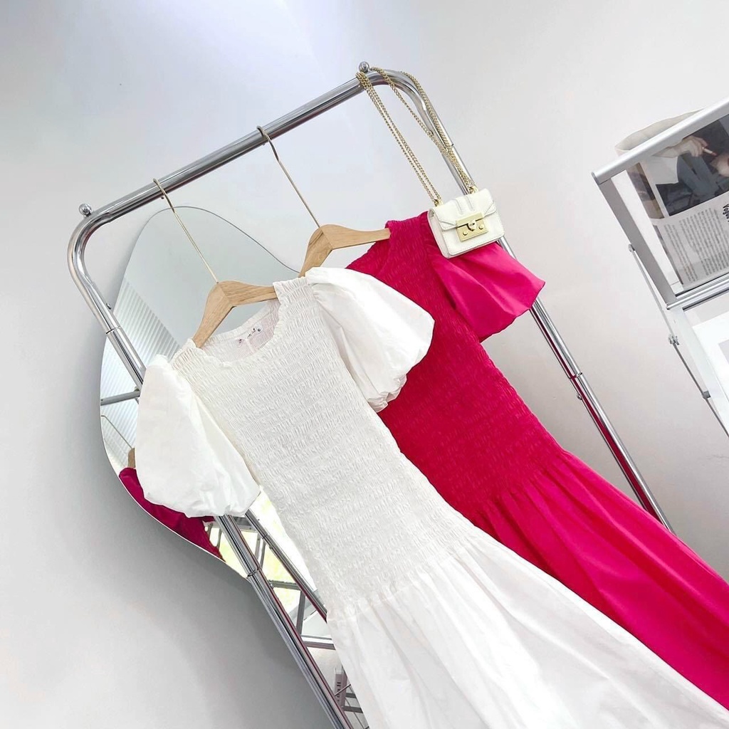 Váy maxi hồng trắng bo chun thân - dài tới mắt cá chân