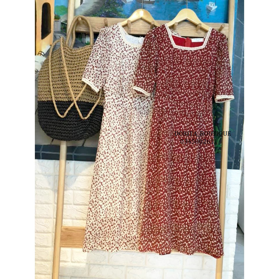 Váy hoa nhí vintage cổ vuông ngắn tay, Đầm vintage dáng dài - Dorita Boutique