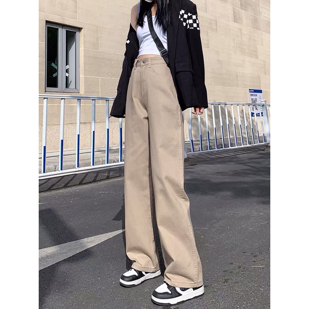 Quần Dài Kaki Ống Suông Rộng Cạp Cao Ulzzang - Kiểu quần kaki jean nữ lưng cao Leevin Store