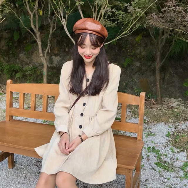 Đầm nhung dáng xoè dễ thương - Váy thu đông nhung dài tay xinh