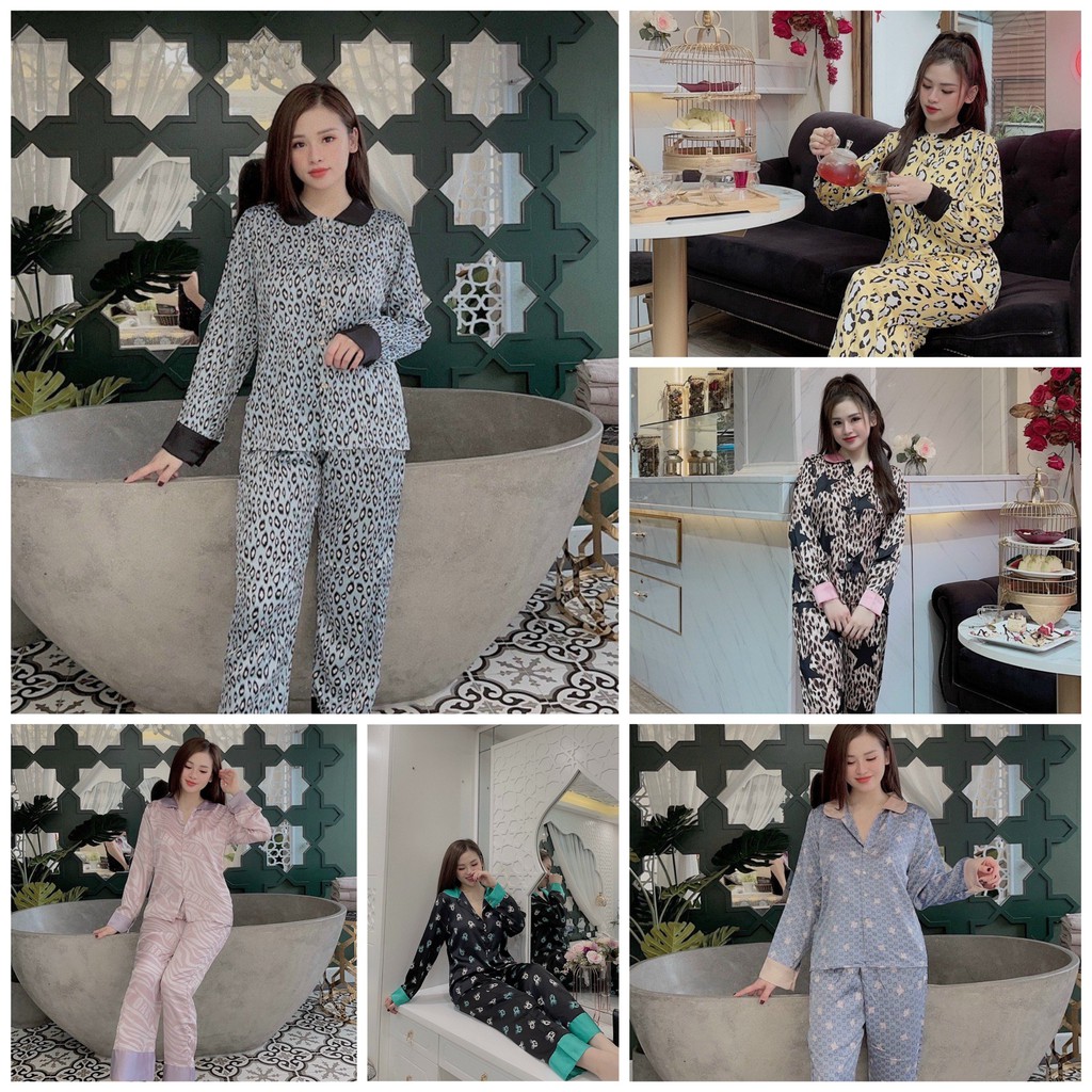 Đồ mặc nhà Vic's kiểu pijama nữ dáng dài lụa Latin - Bộ đồ ngủ họa tiết L115