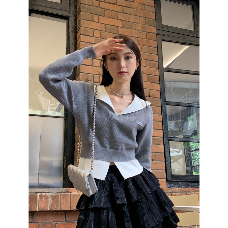 HUANG YOYO  Áo sweater Dệt Kim Mỏng Dáng Rộng Tay Dài Cổ Gấp Phong Cách Hàn Quốc Thời Trang Mùa Thu Cho Nữ