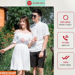 Set đồ đôi nam nữ đẹp couple tina set đồ cặp nam nữ trễ vai trắng tinh khôi siêu siêu xinh cho các cặp đôi