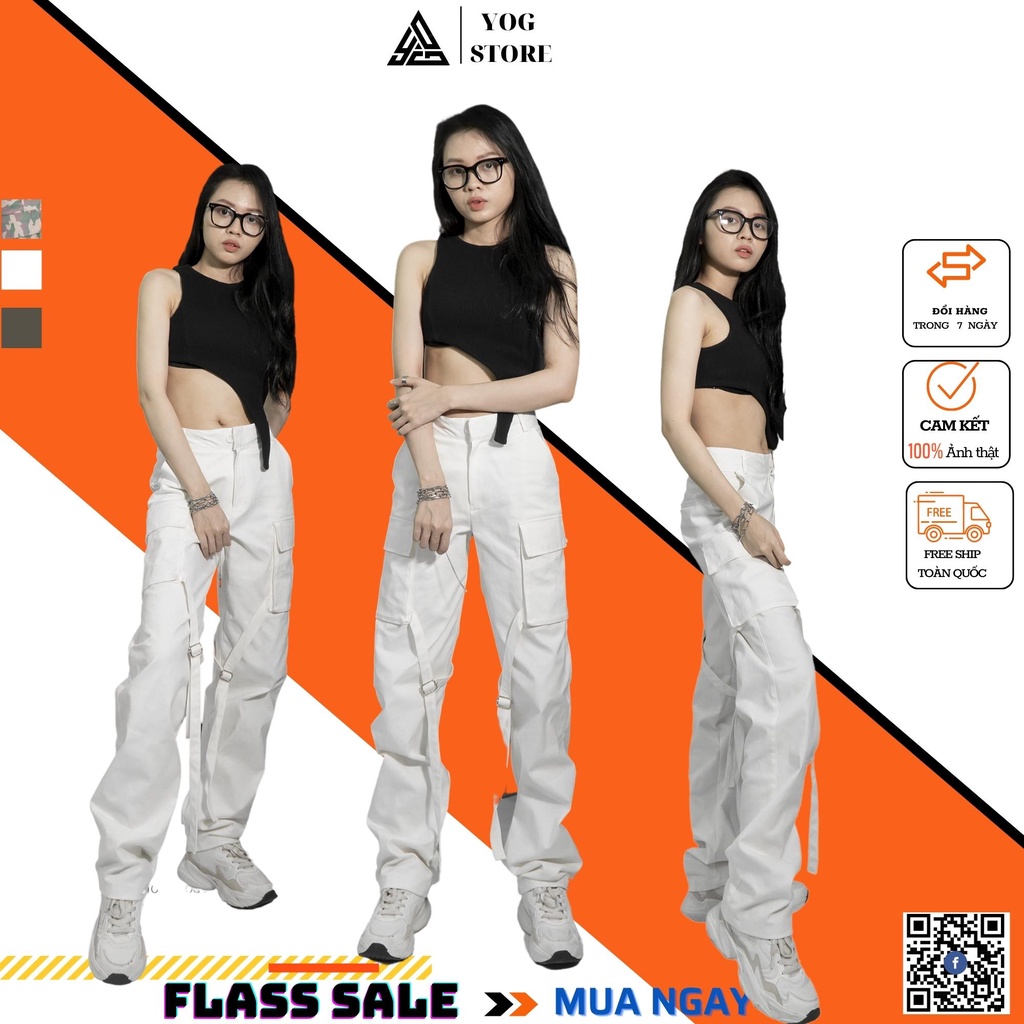 Quần Túi Hộp Nam Nữ - Chất Liệu Kaki Co Giãn Dáng quần suông màu trắng - cạo cao tôn dáng mẫu quần cargo pants ống rộng