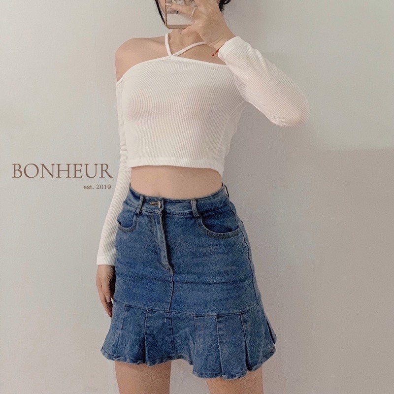 Áo Croptop Ôm Body Trễ Vai Tay Dài Phối Dây Treo Cổ Kiểu Yếm Rất Nữ Tính Nhẹ Nhàng Alohashop91