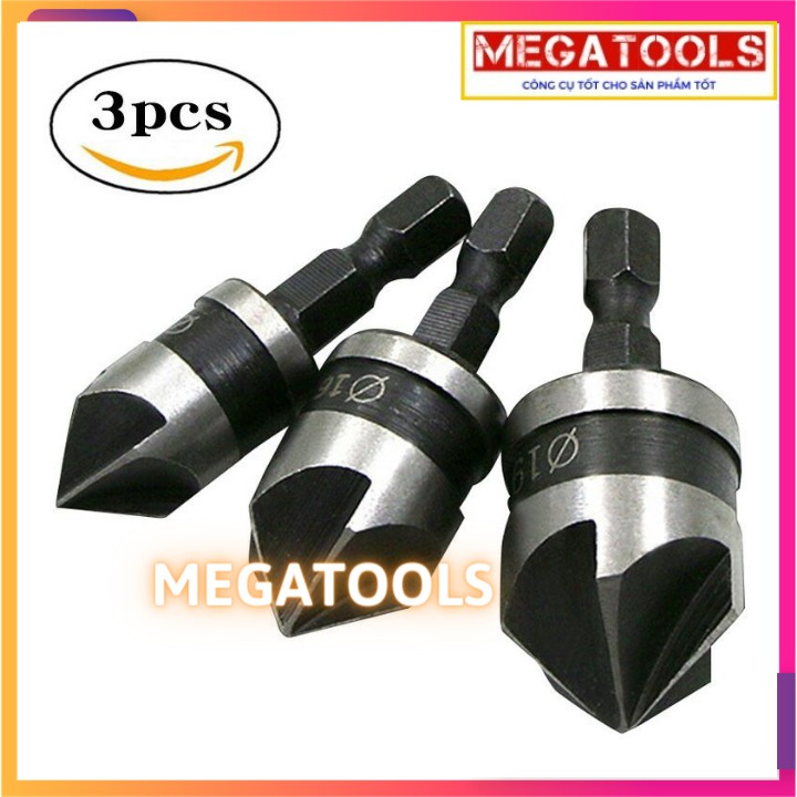 Bộ 3 mũi lục giác 5 cánh khoan lỗ mở cho gỗ nhựa đường kính Ø 12 , Ø 16 , Ø 19