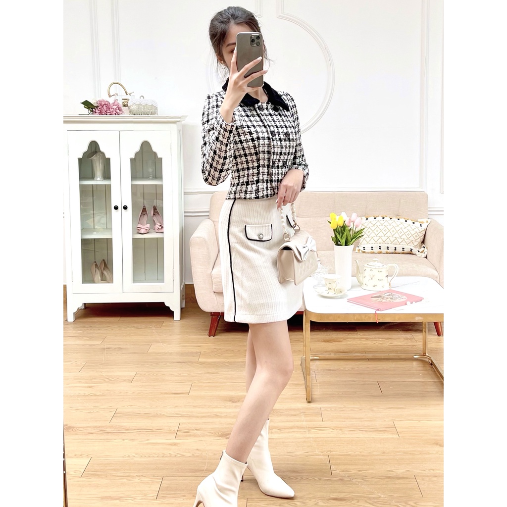 [Mã WABRTL1 giảm 10% đơn 500K] Áo blazer kẻ phối đen 1AO114KE Lep'