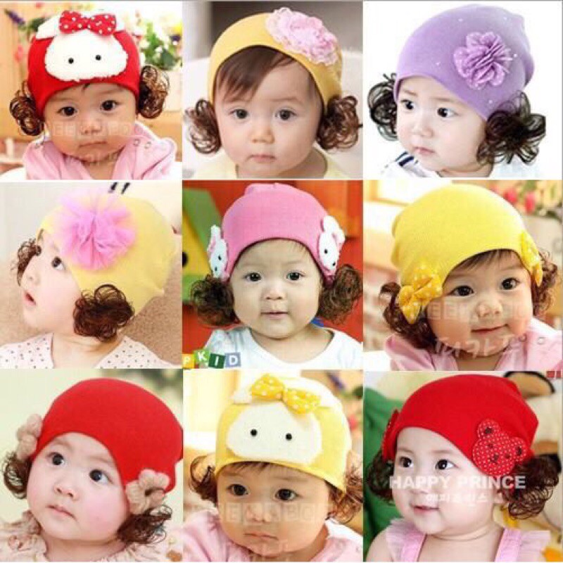Mũ len tóc giả bé gái, nón len dễ thương