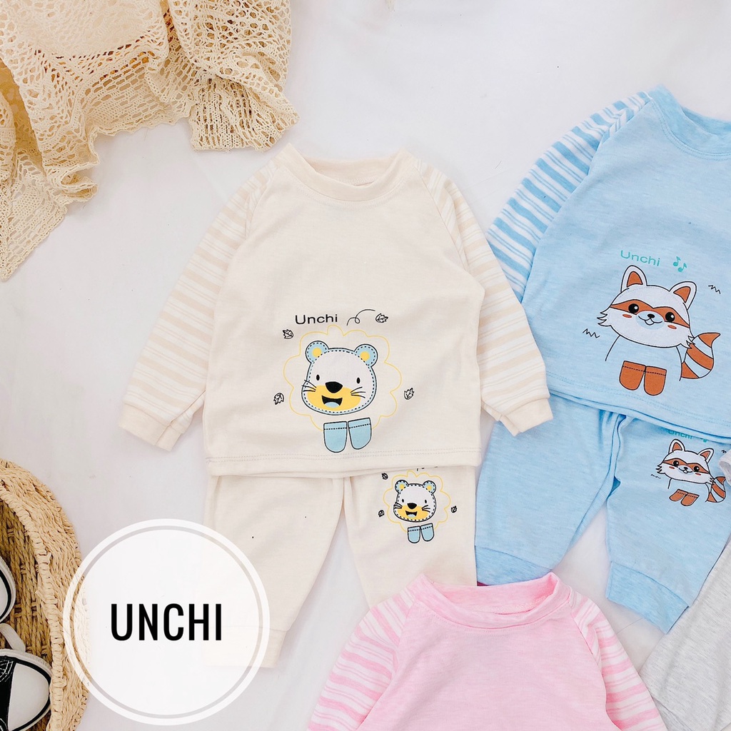 Bộ cotton nỉ Unchi dày dặn tay kẻ hình thú cổ 3p cho bé sơ sinh - 14kg SABOMART