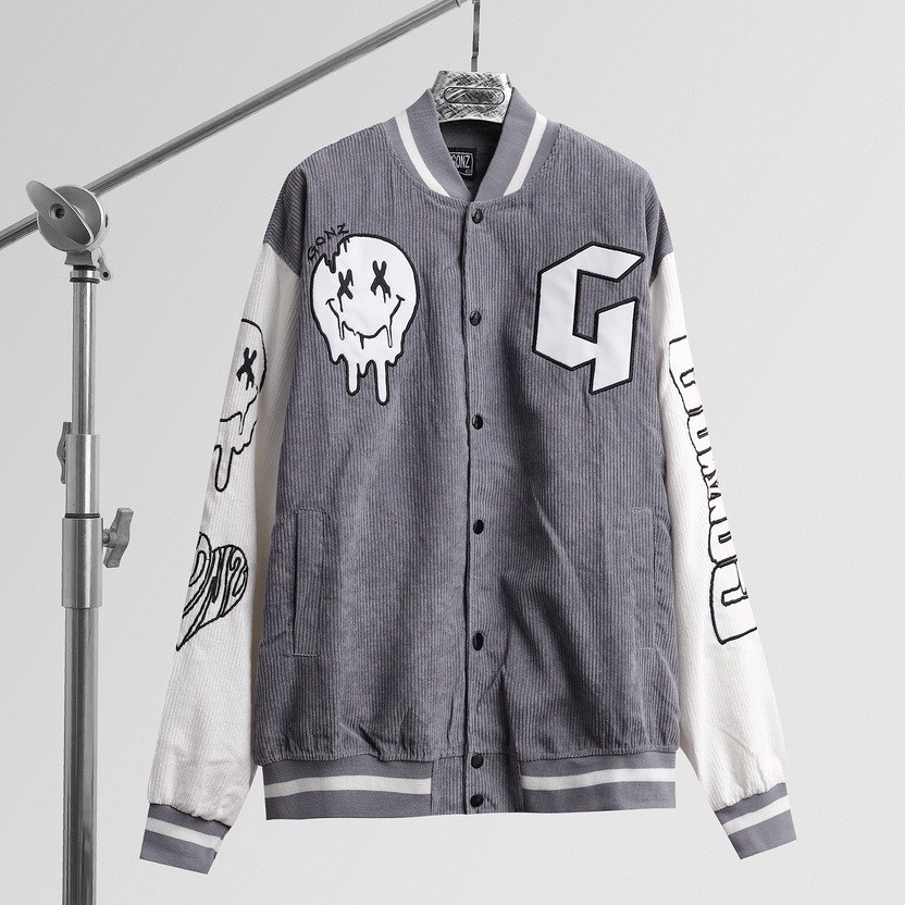 Áo varsity jacket Unisex Form rộng nhung tăm 2 lớp Hình thêu 100% Màu cam. Áo khoác bomber nam nữ Gonz Bóng chày