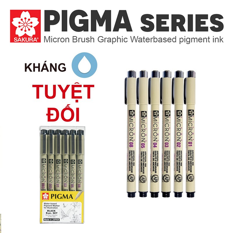Bộ 6 bút line đi nét chuyên nghiệp Sakura Pigma Set ( micron 01 02 03 04 05 08)