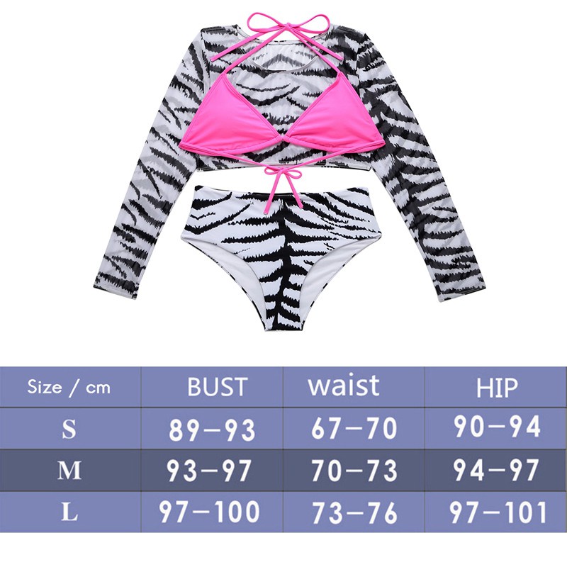 【In stock】 High Waist Three-Piece Swimsuit Long Sleeve Swimwear Zebra Pattern S H3VN