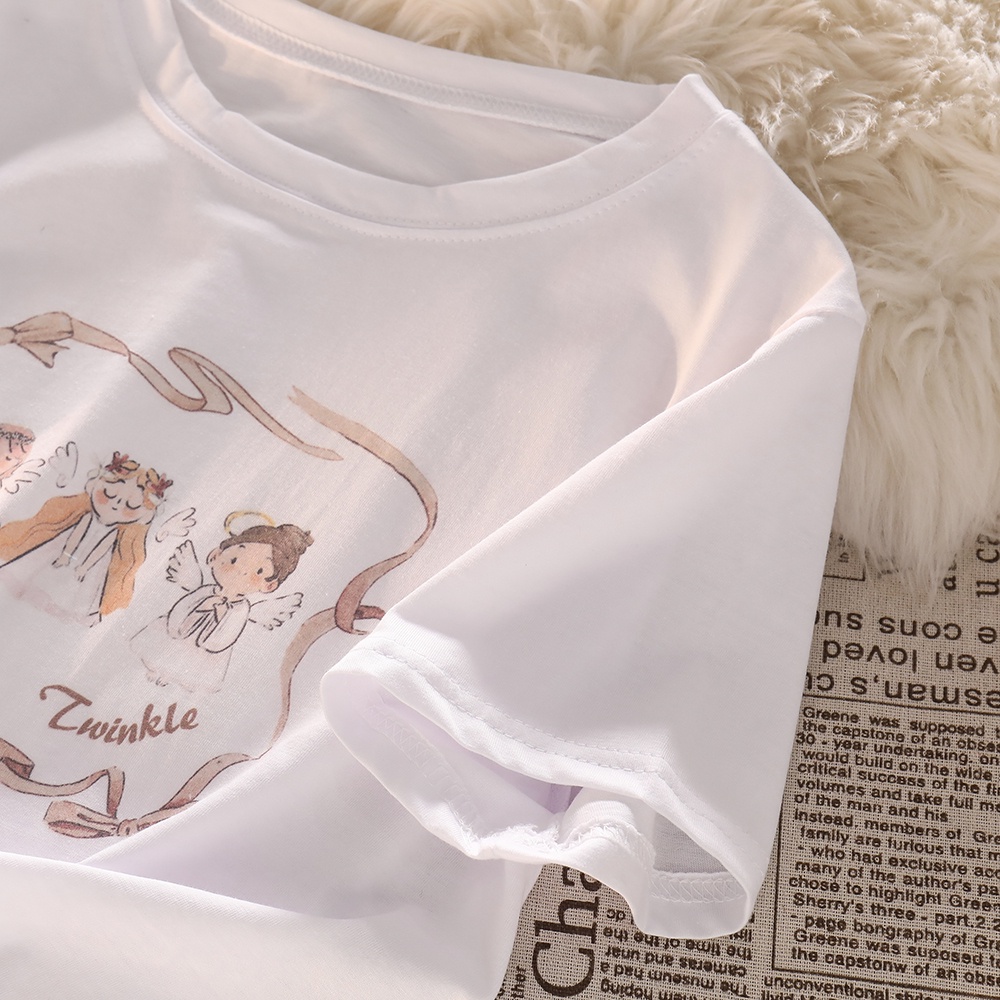 NUZIRO  Áo thun  tay ngắn cổ tròn in hình thiên thần nhỏ dễ thương thời trang cho nữ